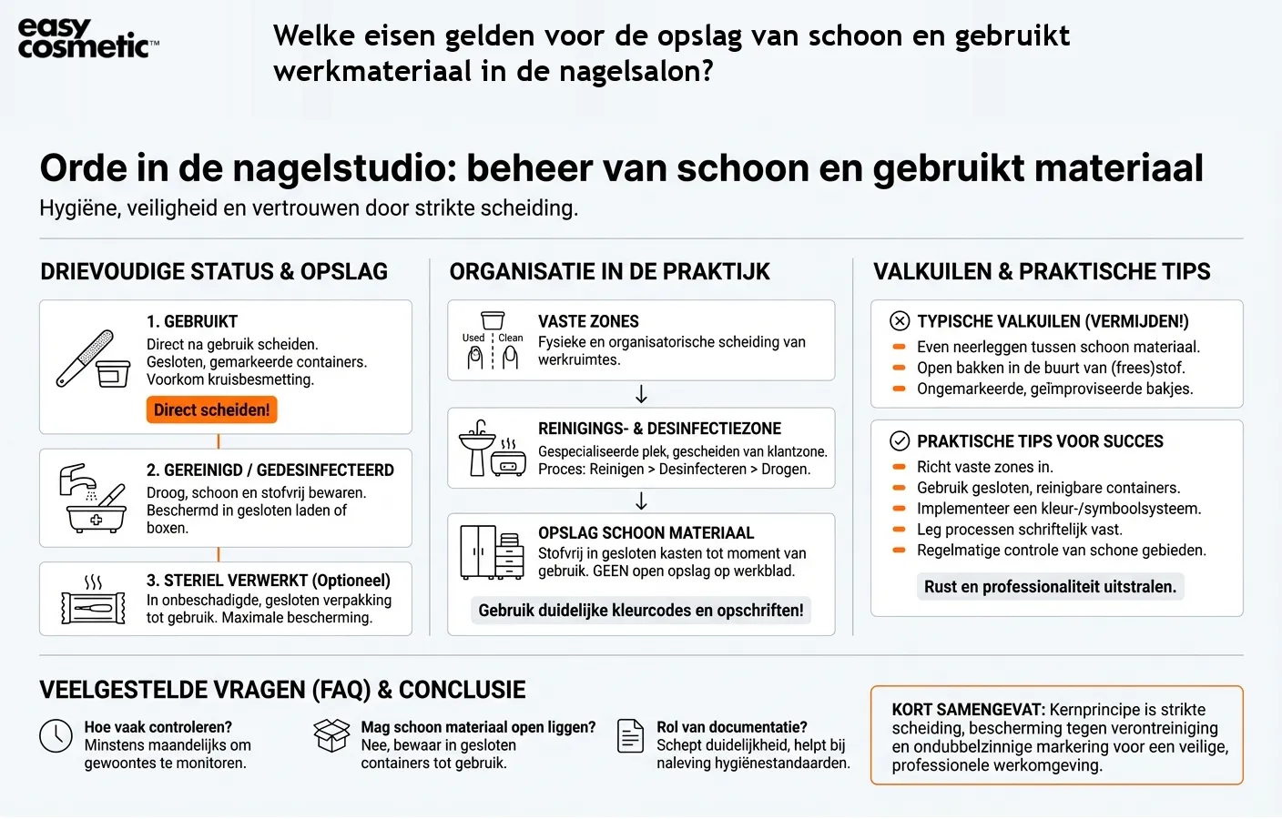 Welke eisen gelden voor de opslag van schoon en gebruikt werkmateriaal in de nagelsalon?