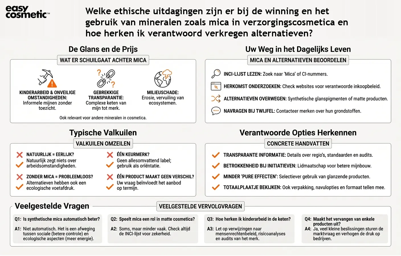 Welke ethische uitdagingen zijn er bij de winning en het gebruik van mineralen zoals mica in verzorgingscosmetica en hoe herken ik verantwoord verkregen alternatieven?