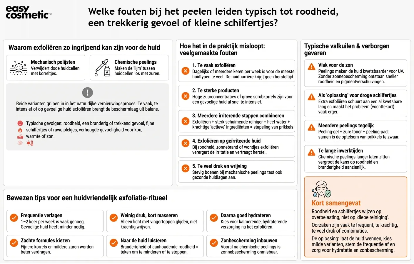 Welke fouten bij het peelen leiden typisch tot roodheid, een trekkerig gevoel of kleine schilfertjes?