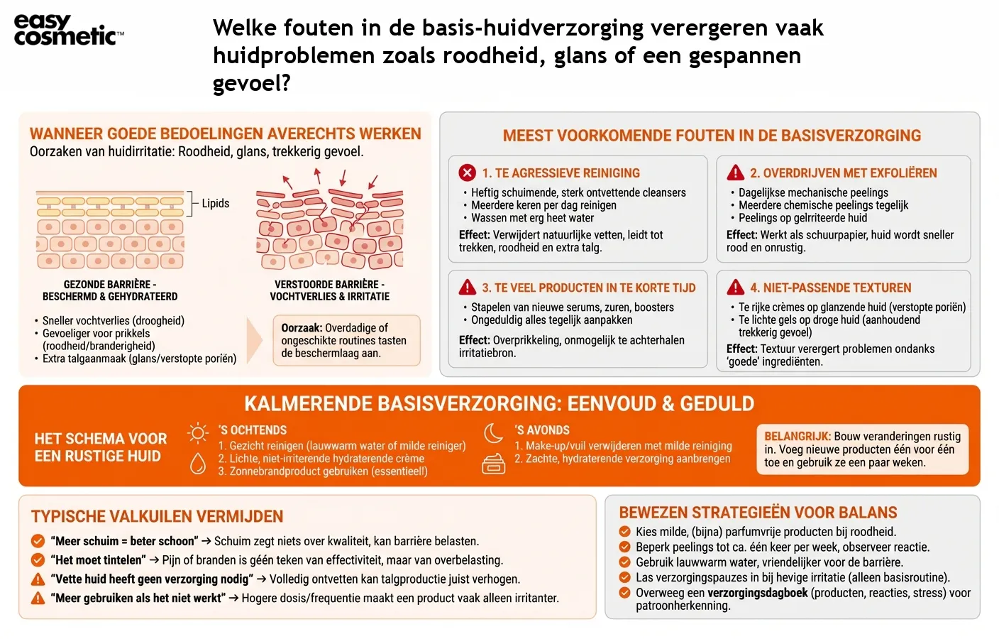 Welke fouten in de basis-huidverzorging verergeren vaak huidproblemen zoals roodheid, glans of een gespannen gevoel?