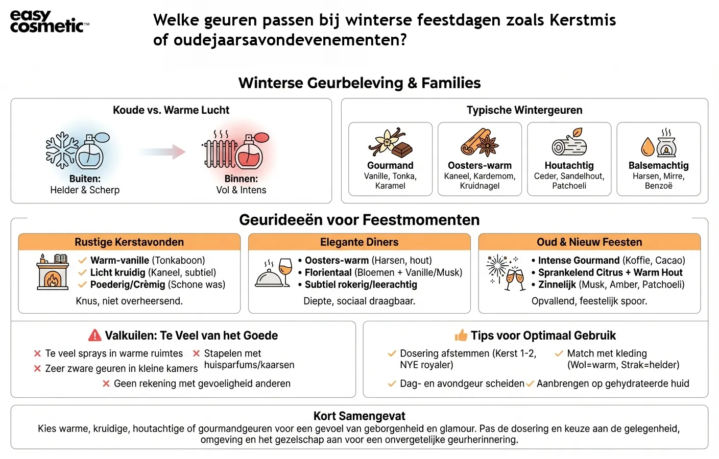 Welke geuren passen bij winterse feestdagen zoals Kerstmis of oudejaarsavondevenementen?