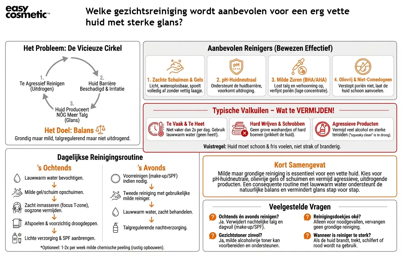 Welke gezichtsreiniging wordt aanbevolen voor een erg vette huid met sterke glans?