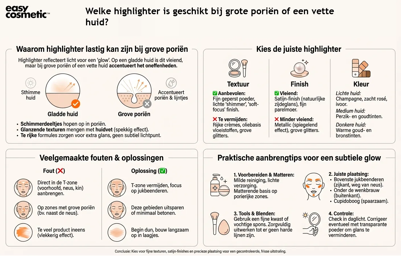 Welke highlighter is geschikt bij grote poriën of een vette huid?