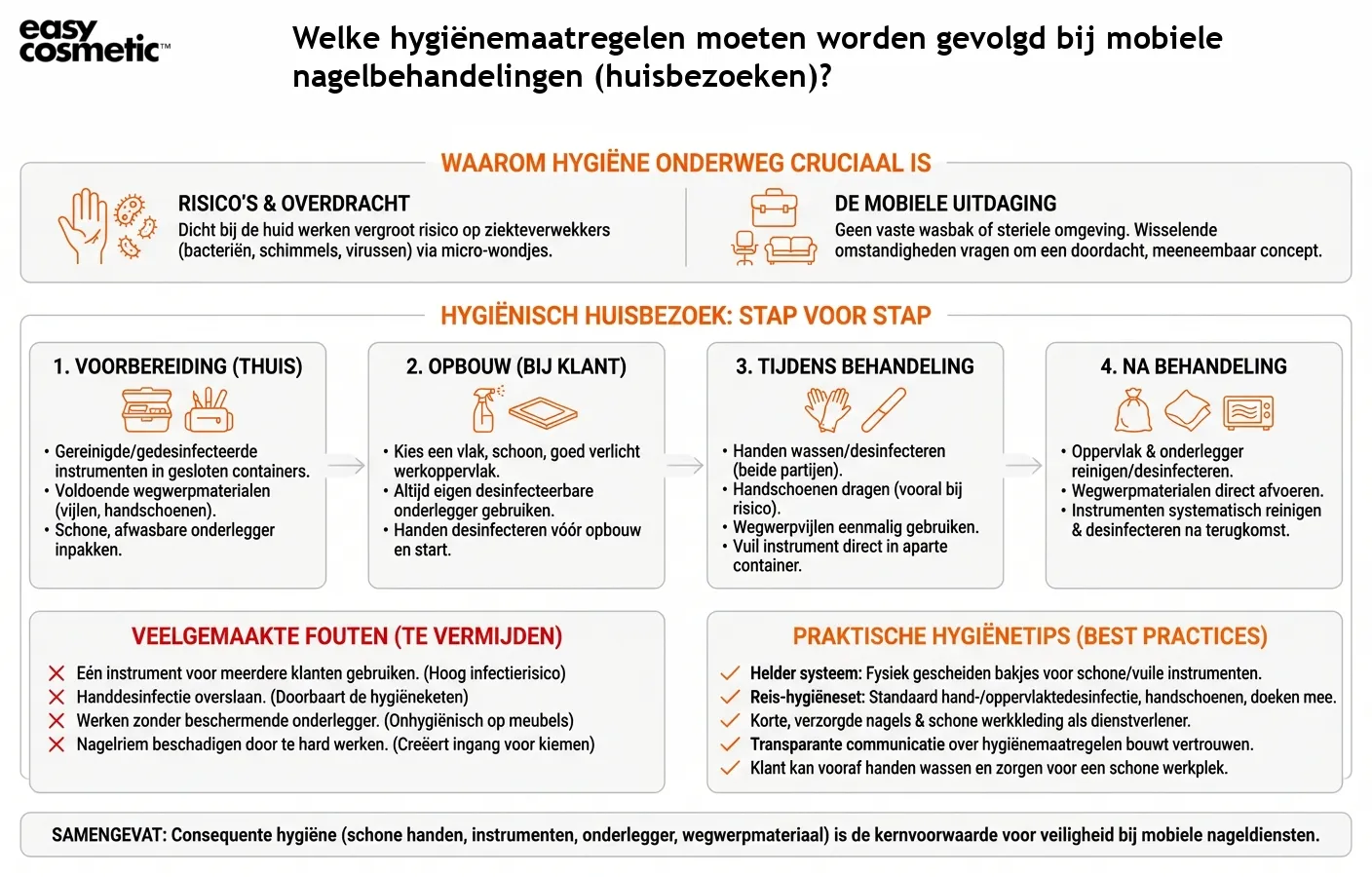 Welke hygiënemaatregelen moeten worden gevolgd bij mobiele nagelbehandelingen (huisbezoeken)?