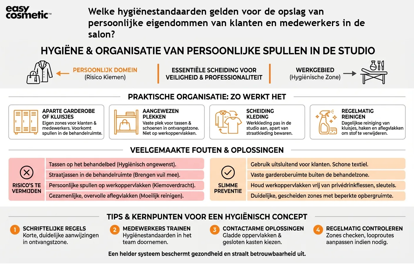 Welke hygiënestandaarden gelden voor de opslag van persoonlijke eigendommen van klanten en medewerkers in de salon?