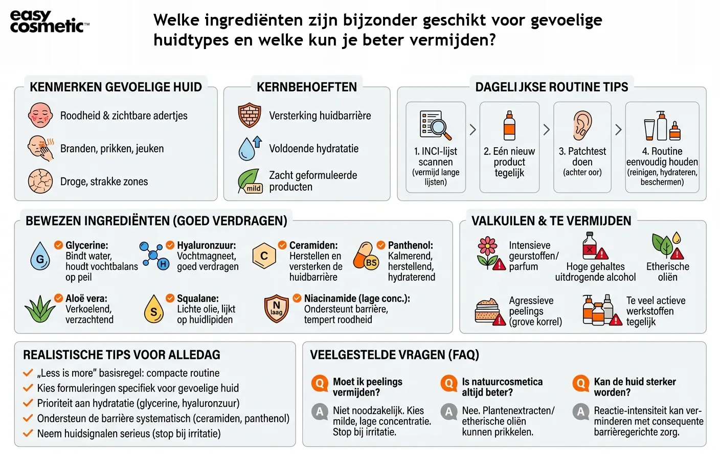 Welke ingrediënten zijn bijzonder geschikt voor gevoelige huidtypes en welke kun je beter vermijden?
