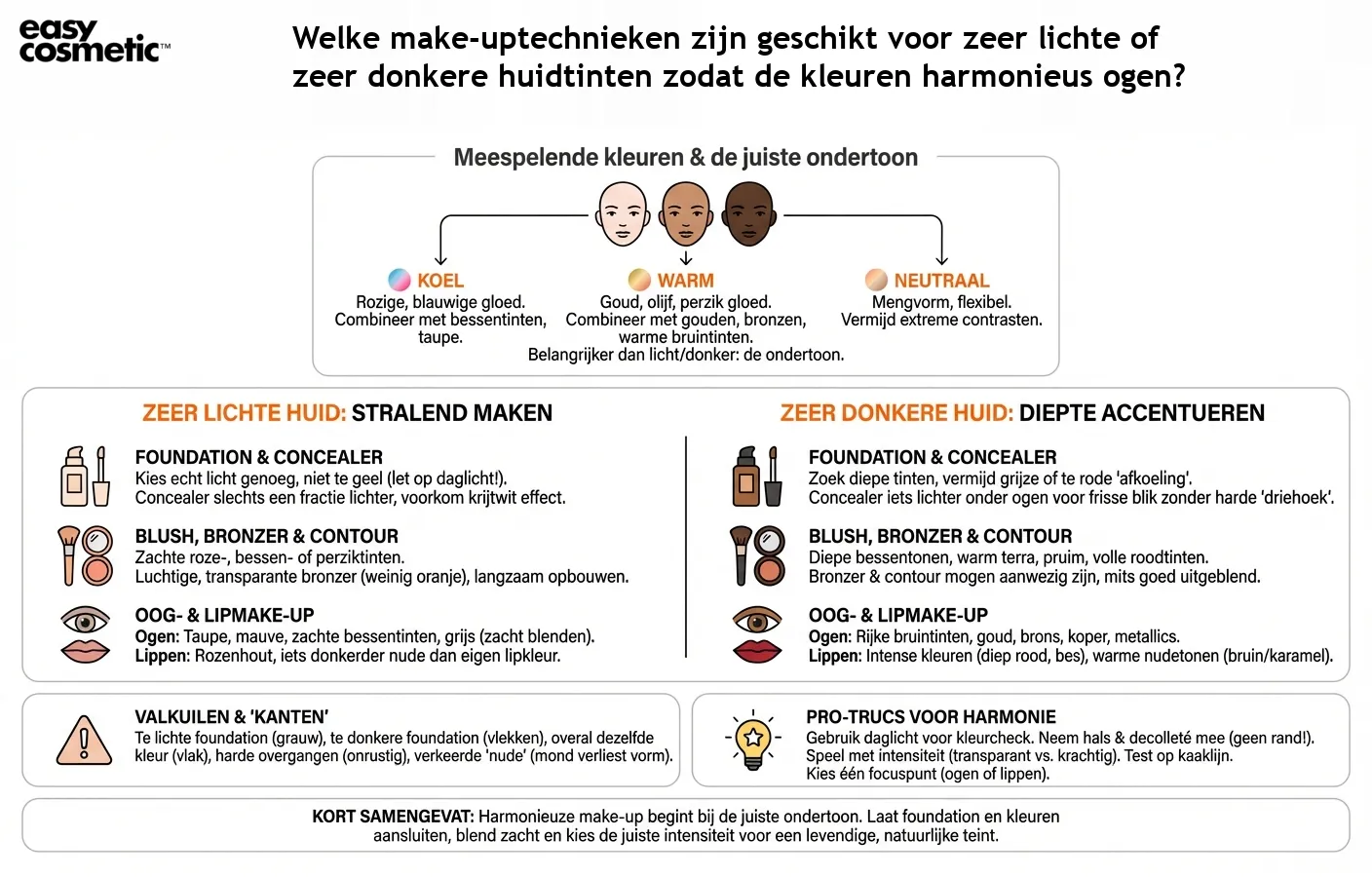 Welke make-uptechnieken zijn geschikt voor zeer lichte of zeer donkere huidtinten zodat de kleuren harmonieus ogen?