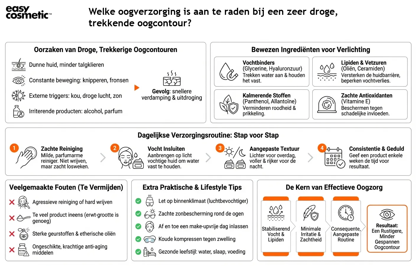 Welke oogverzorging is aan te raden bij een zeer droge, trekkende oogcontour?