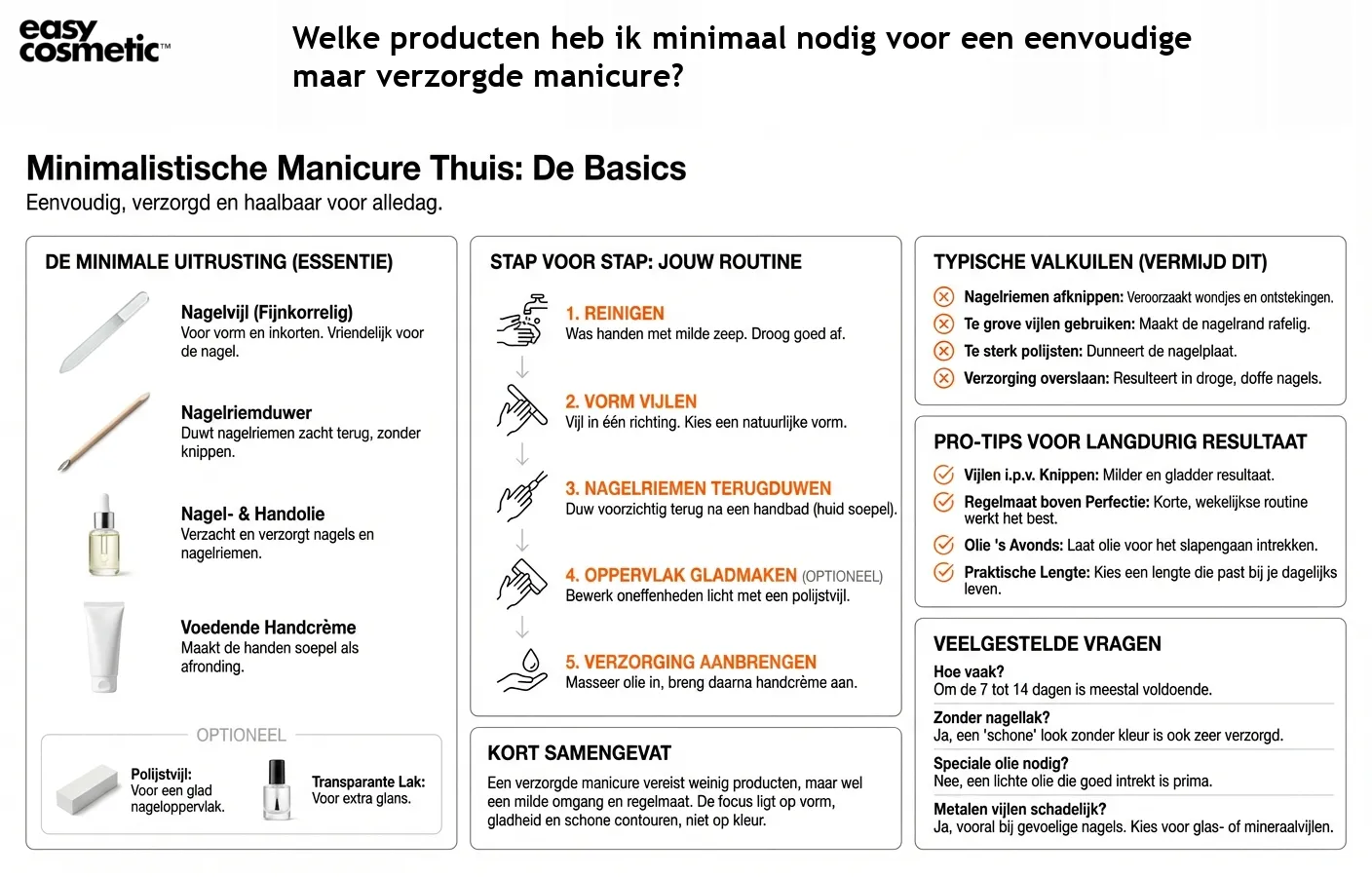 Welke producten heb ik minimaal nodig voor een eenvoudige maar verzorgde manicure?