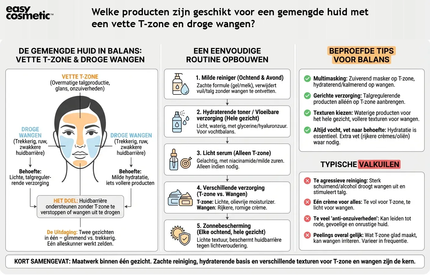 Welke producten zijn geschikt voor een gemengde huid met een vette T-zone en droge wangen?