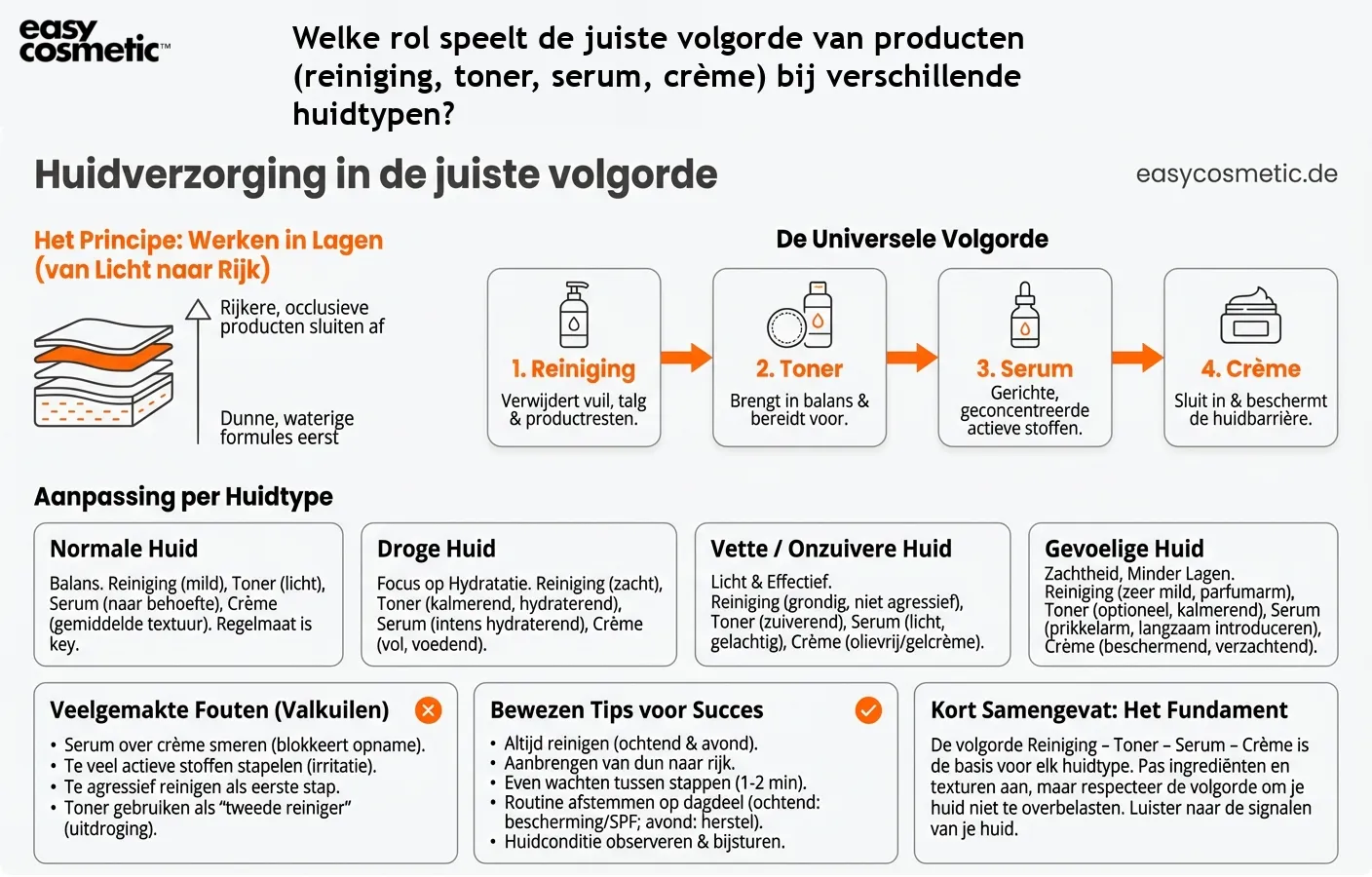 Welke rol speelt de juiste volgorde van producten (reiniging, toner, serum, crème) bij verschillende huidtypen?