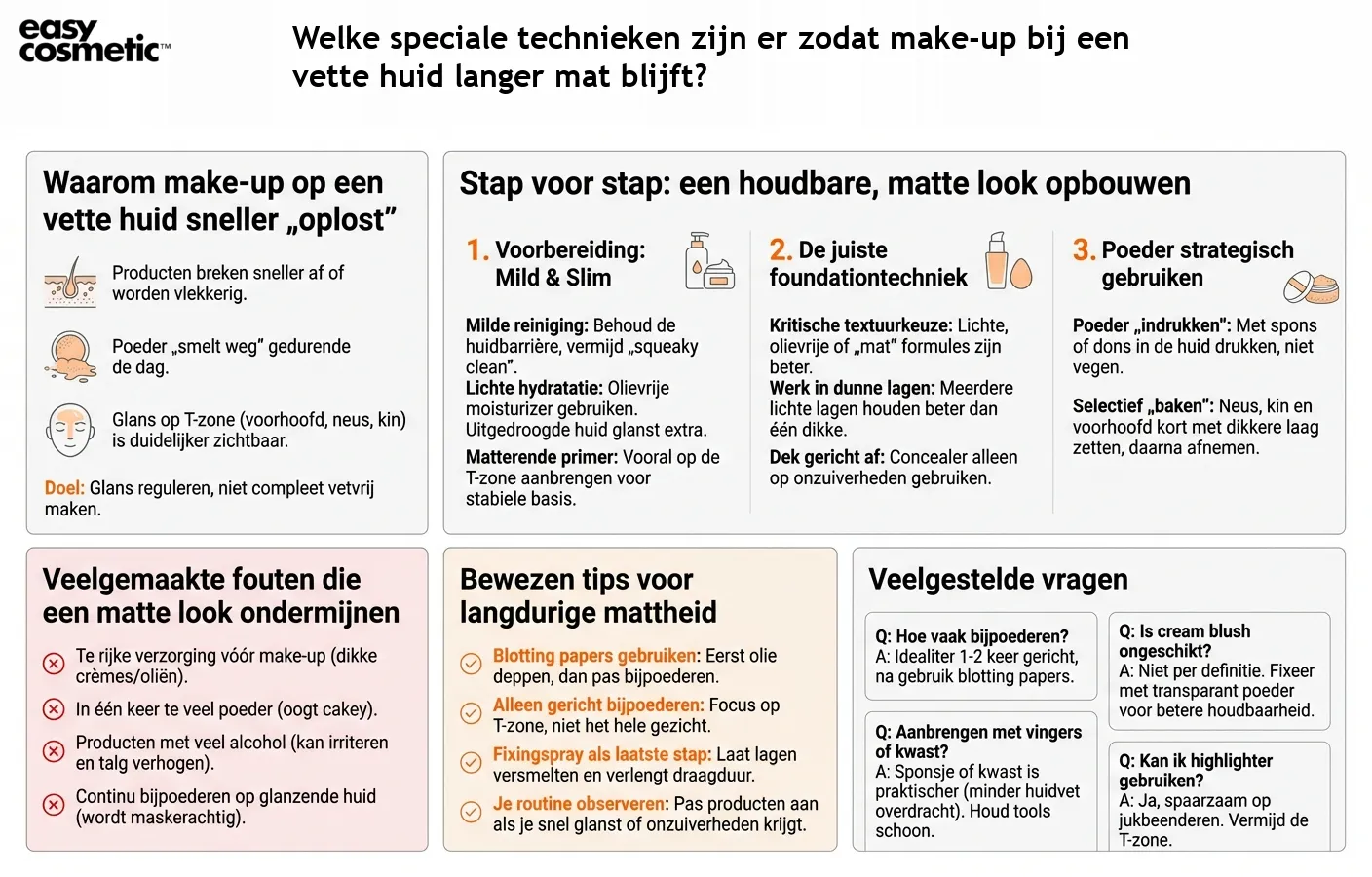 Welke speciale technieken zijn er zodat make-up bij een vette huid langer mat blijft?