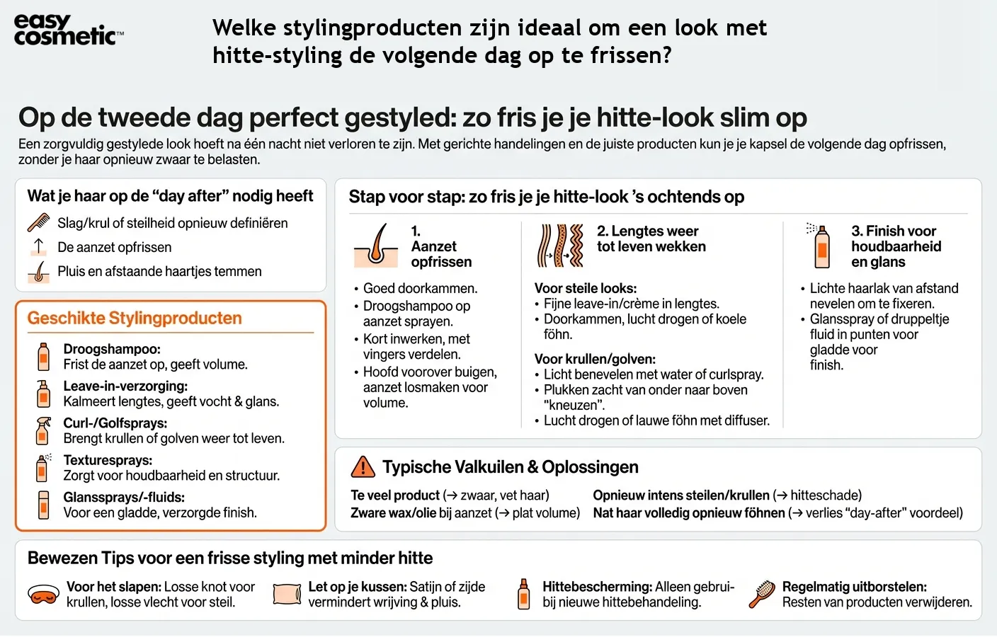 Welke stylingproducten zijn ideaal om een look met hitte-styling de volgende dag op te frissen?