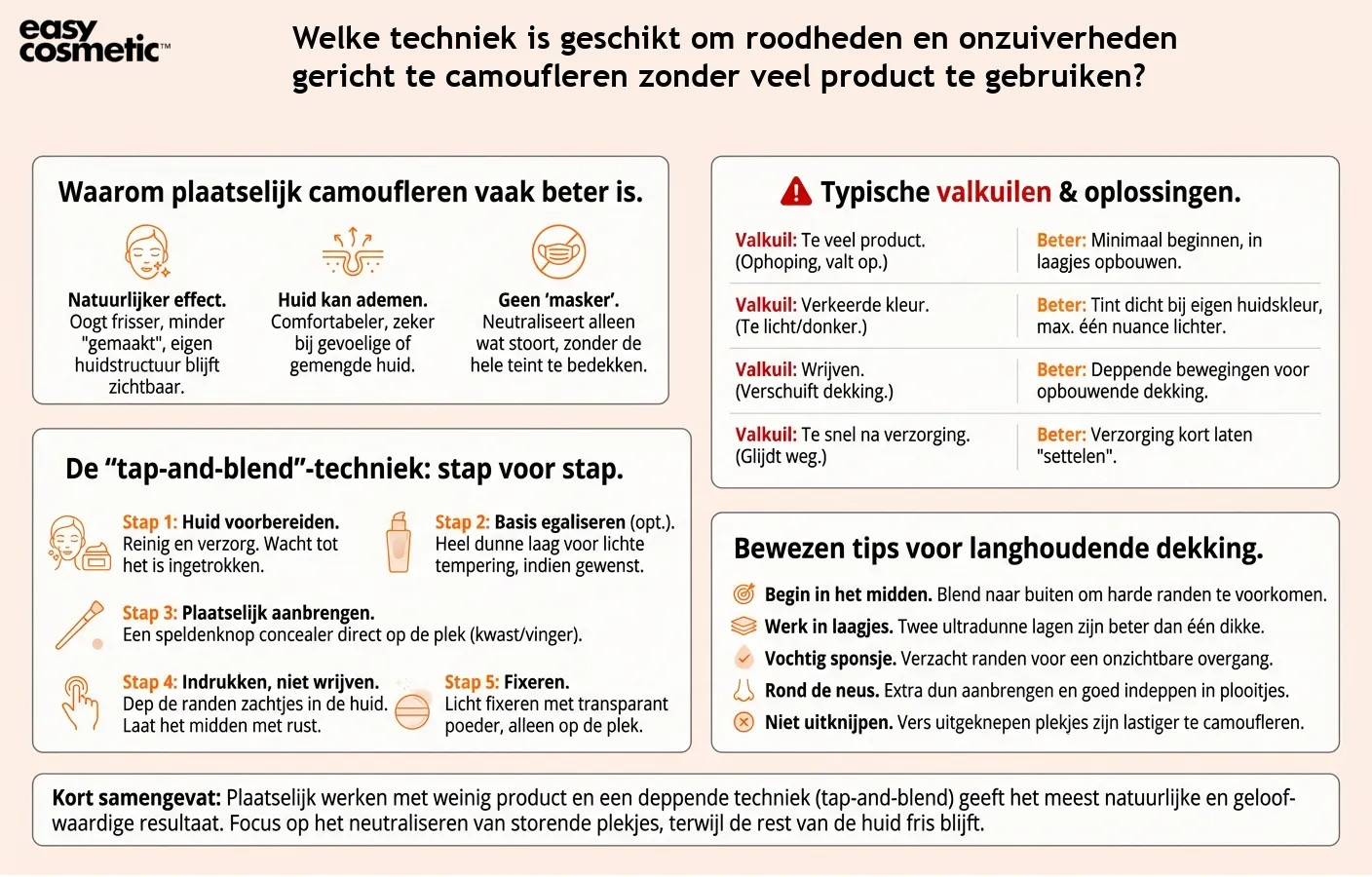 Welke techniek is geschikt om roodheden en onzuiverheden gericht te camoufleren zonder veel product te gebruiken?
