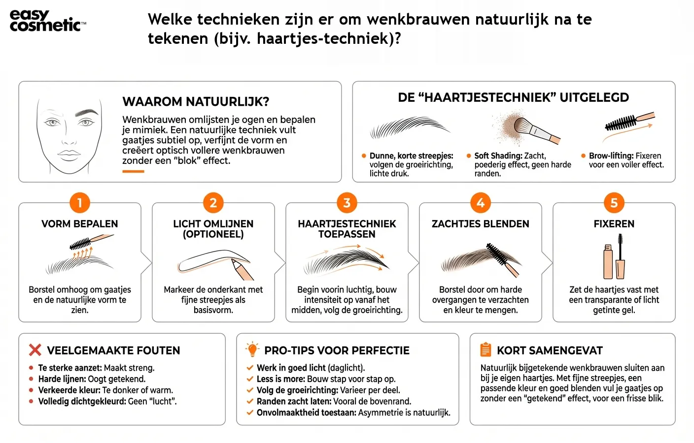 Welke technieken zijn er om wenkbrauwen natuurlijk na te tekenen (bijv. haartjes-techniek)?