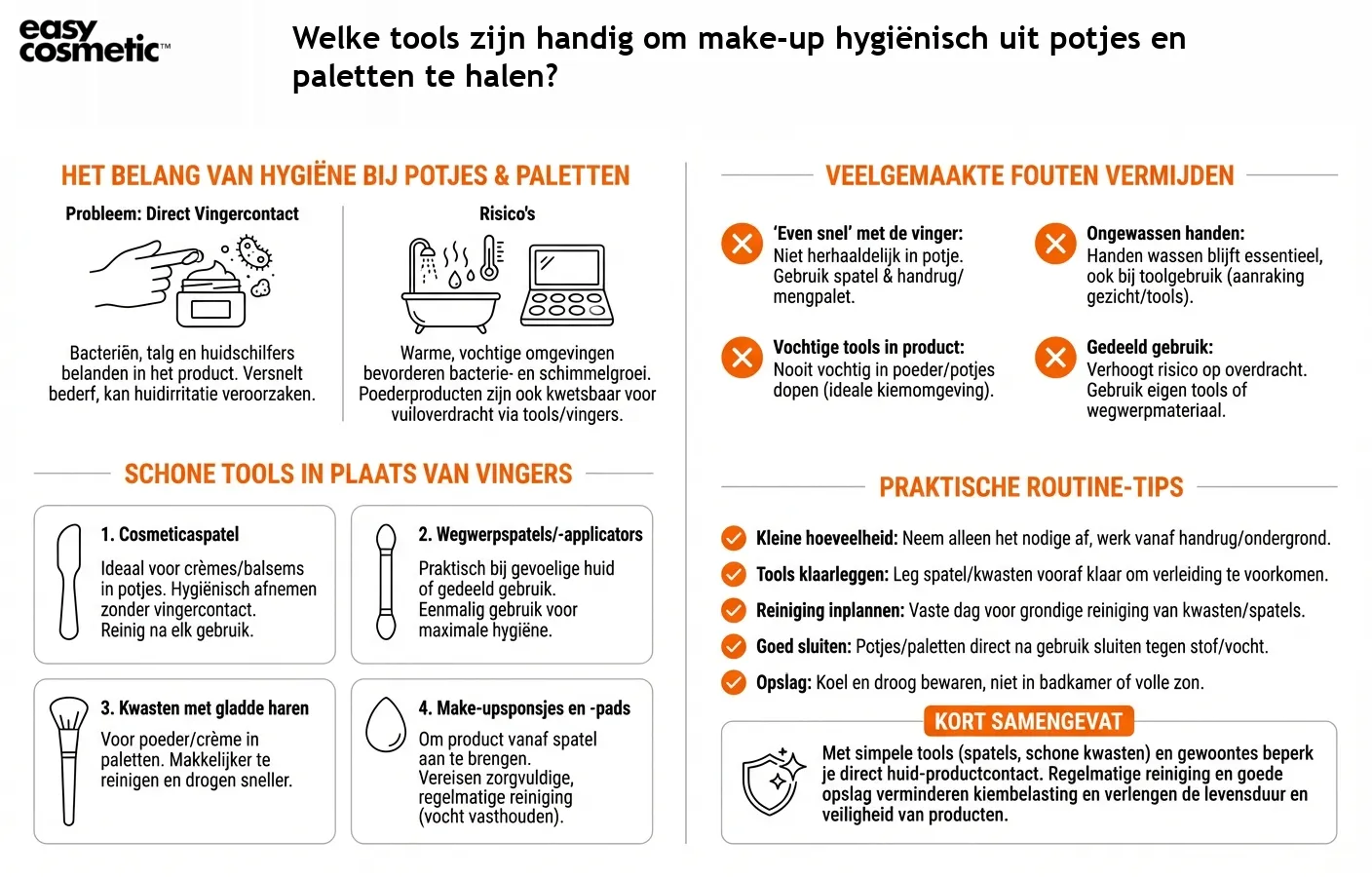 Welke tools zijn handig om make-up hygiënisch uit potjes en paletten te halen?