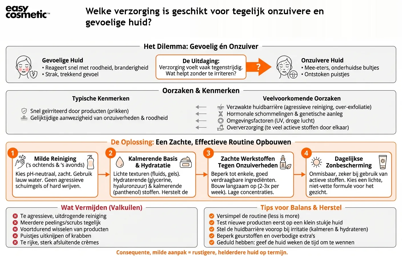 Welke verzorging is geschikt voor tegelijk onzuivere en gevoelige huid?