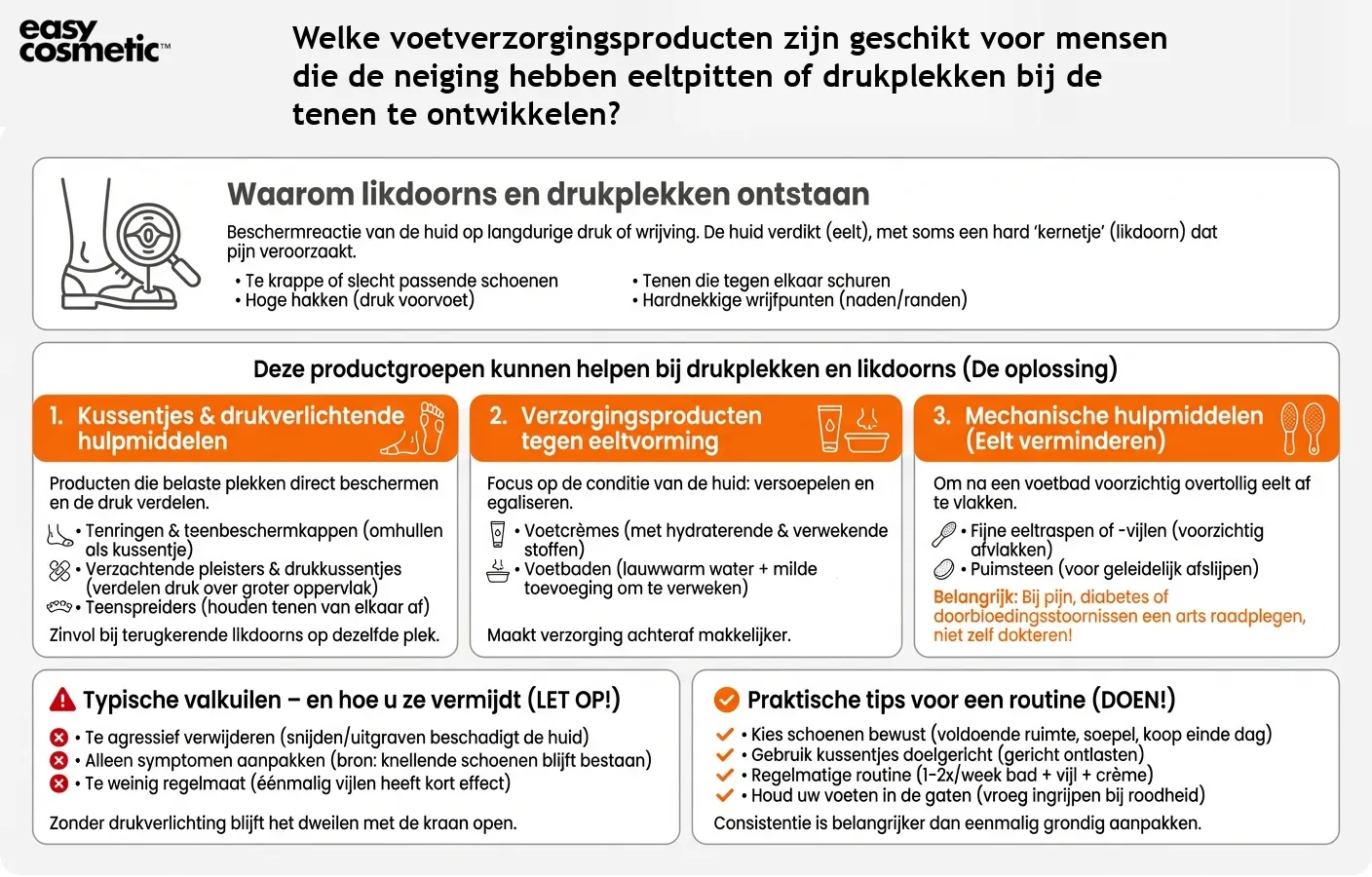 Welke voetverzorgingsproducten zijn geschikt voor mensen die de neiging hebben eeltpitten of drukplekken bij de tenen te ontwikkelen?