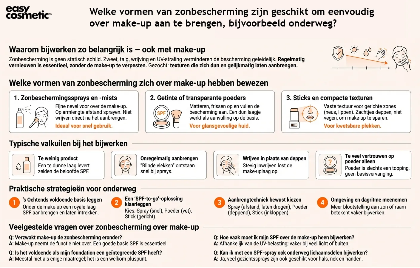 Welke vormen van zonbescherming zijn geschikt om eenvoudig over make-up aan te brengen, bijvoorbeeld onderweg?