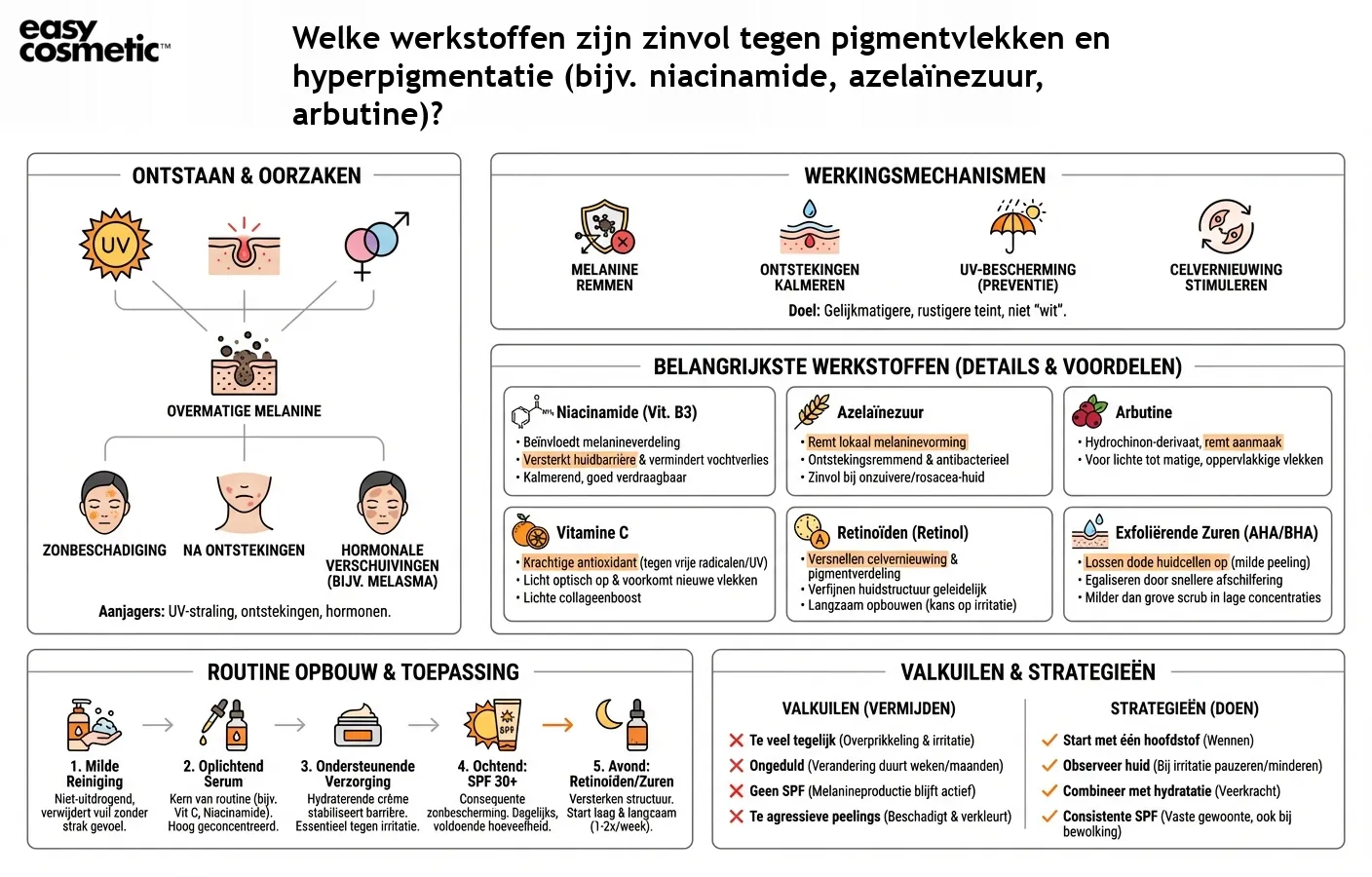 Welke werkstoffen zijn zinvol tegen pigmentvlekken en hyperpigmentatie (bijv. niacinamide, azelaïnezuur, arbutine)?