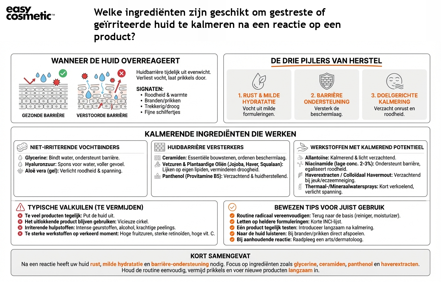 Welke ingrediënten zijn geschikt om gestreste of geïrriteerde huid te kalmeren na een reactie op een product?